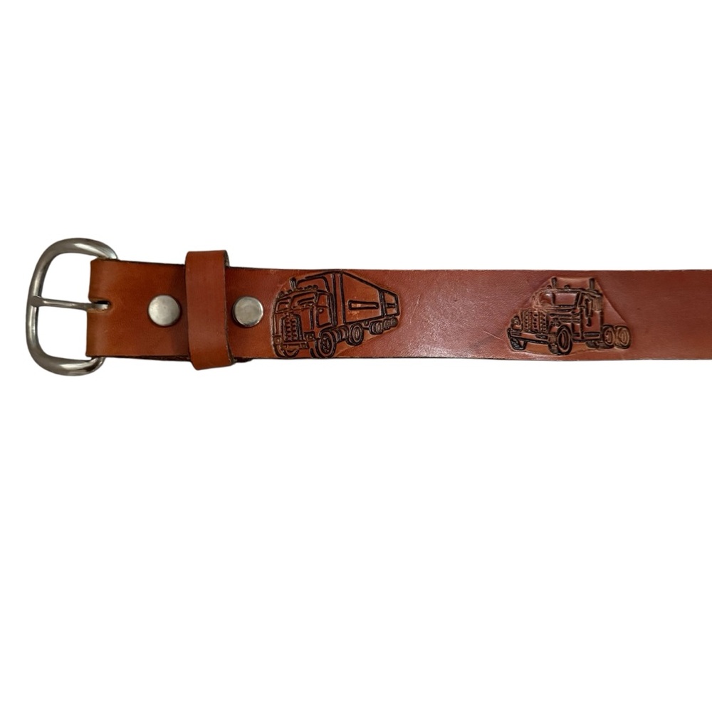 Vintage Tooled Transport Truck Brown Leather Belt Size 36 Removable Buckle USA - Picture 5 of 15